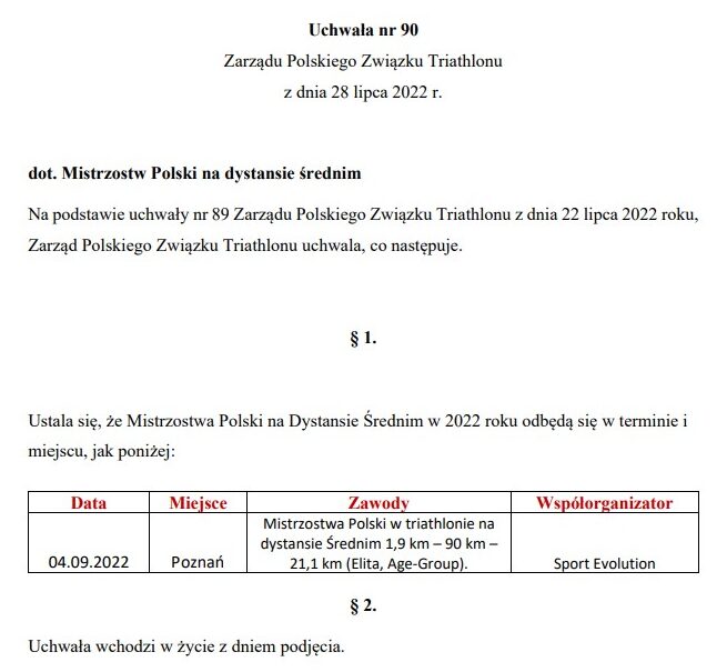 Uchwała nr 90 Polskiego Związku Triathlonu o wybraniu organizatora mistrzostw Polski na dystansie średnim