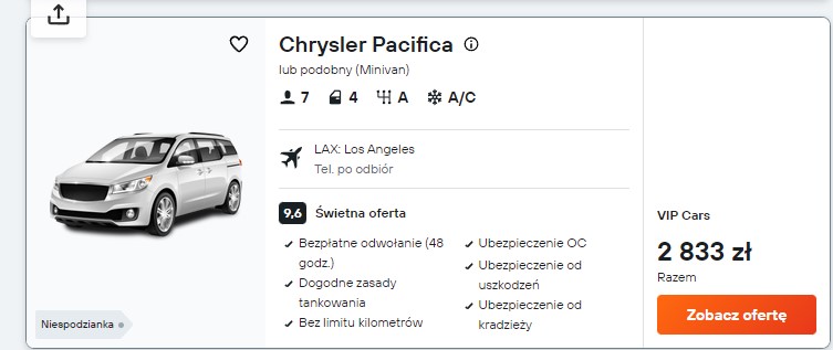 Chrysler Pacifica - oferta wynajmu samochodu na 4 dni