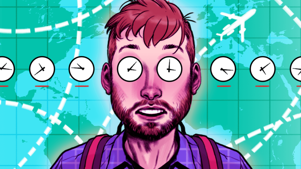 Jet lag - męczące zmiany stref czasowych - grafika z mężczyzną i zegarami w różnych strefach
