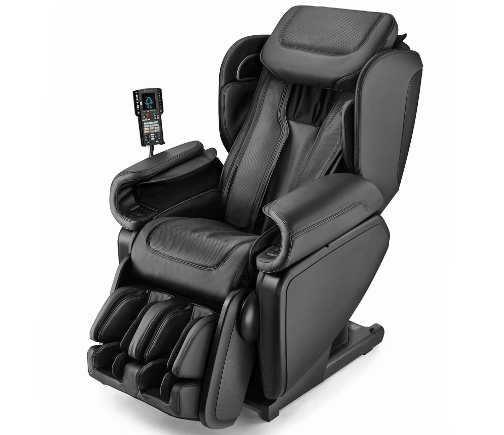 Czarny fotel masujący Synca z funkcją analizy napięć mięśni