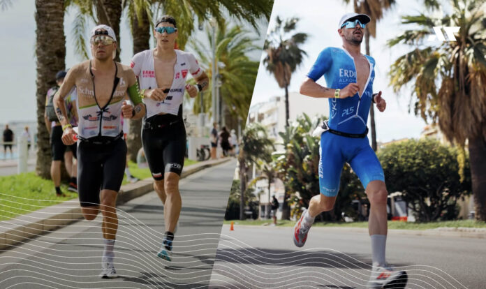 Zawodnicy biegną na mistrzostwach świata IRONMAN Nicea 2025