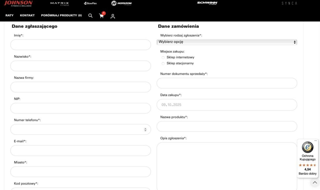 Formularz reklamacyjny Johnson Fitness