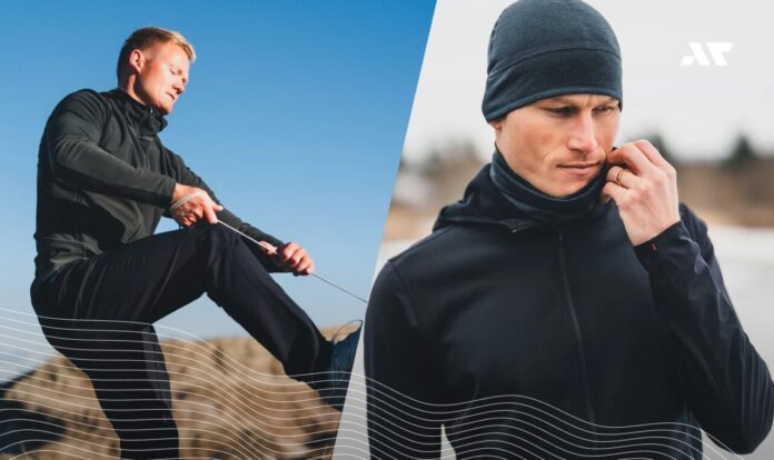 Zimowa odzież Fusion Sportswear – mężczyzna w czapce merino i midlayerze podczas treningu na świeżym powietrzu