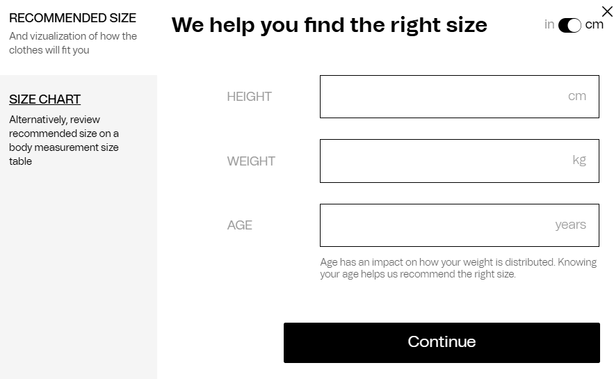 Narzędzie Fusion do doboru rozmiaru na podstawie wzrostu, wagi i wieku