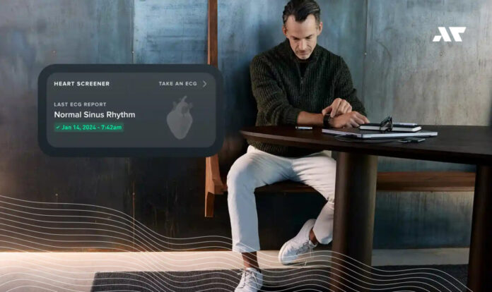 Mężczyzna wykonujący odczyt EKG w opasce WHOOP MG z funkcją Heart Screener