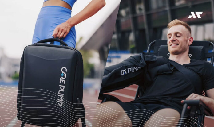 Mobilny aparat do presoterapii Care Pump z serii Sport używany przez sportowca podczas regeneracji po treningu