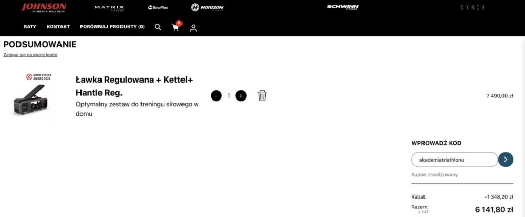 Ławka Horizon Fitness Bench HBN70 w koszyku sklepu Johnson Fitness z zastosowanym kodem rabatowym akademiatriathlonu – cena obniżona do 6141,80 zł
