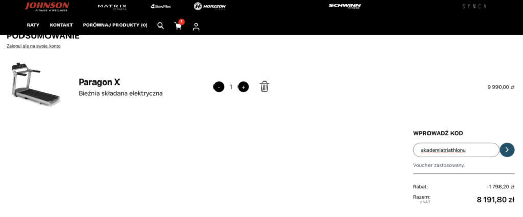 Podsumowanie zamówienia bieżni Horizon Paragon X w sklepie Johnson Fitness z zastosowanym kodem rabatowym