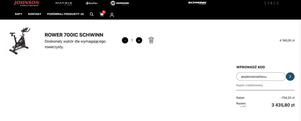 Rower spinningowy Schwinn 700IC w koszyku sklepu Johnson Fitness z aktywnym rabatem Akademii Triathlonu