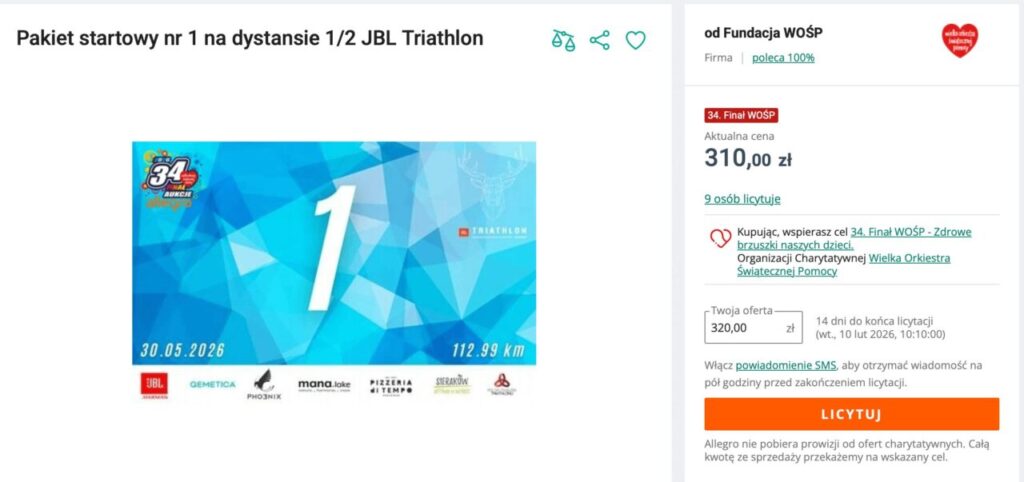 Pakiet startowy numer 1 na dystansie 1/2 JBL Triathlon Sieraków – aukcja WOŚP umożliwiająca start z pierwszym numerem na zawodach triathlonowych