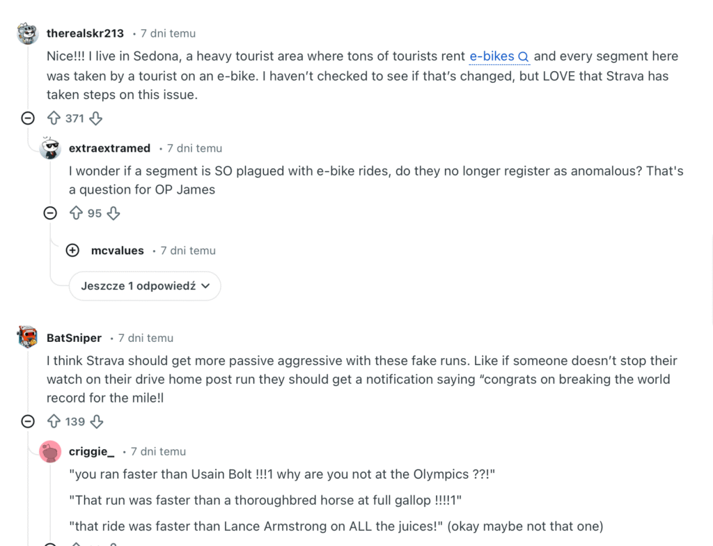 Komentarze użytkowników Reddita chwalące Stravę za usuwanie aktywności e-bike i fałszywych wyników z leaderboardów przy użyciu sztucznej inteligencji
