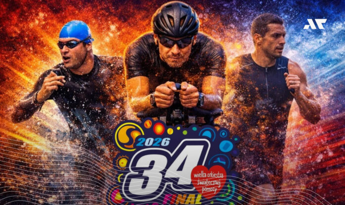 Triathloniści podczas rywalizacji – grafika promująca 34. Finał WOŚP i charytatywne aukcje JBL Triathlon Sieraków 2026
