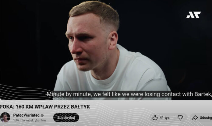 Bartłomiej Kubkowski w filmie „Foka: 160 km wpław przez Bałtyk” – kadr z dokumentu o wyzwaniu Baltic Ultra Swim