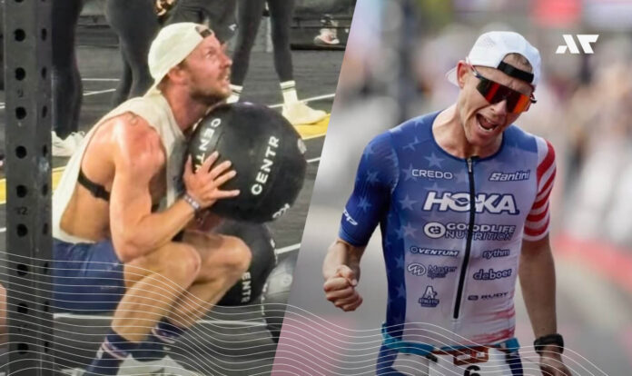 Porównanie zawodów HYROX i triathlonu – po lewej ćwiczenia siłowe z piłką podczas wyścigu fitness, po prawej zawodnik biegnący w stroju triathlonowym