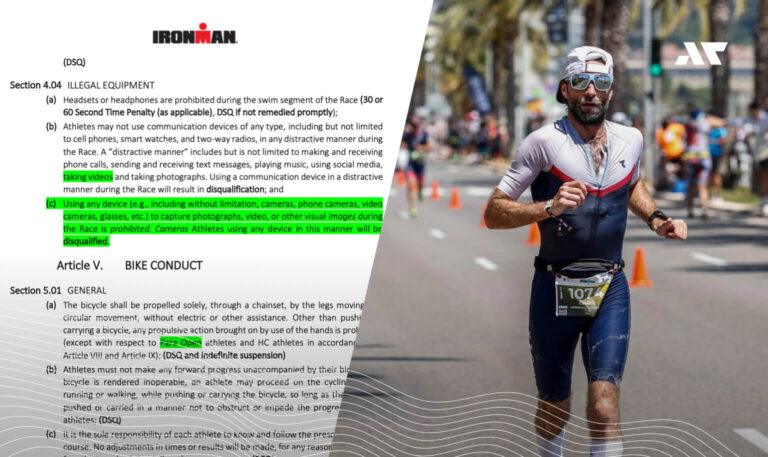 IRONMAN 2026 – nowe przepisy zakazujące nagrywania wideo i robienia zdjęć na trasie; fragment regulaminu oraz zawodnik podczas biegu.