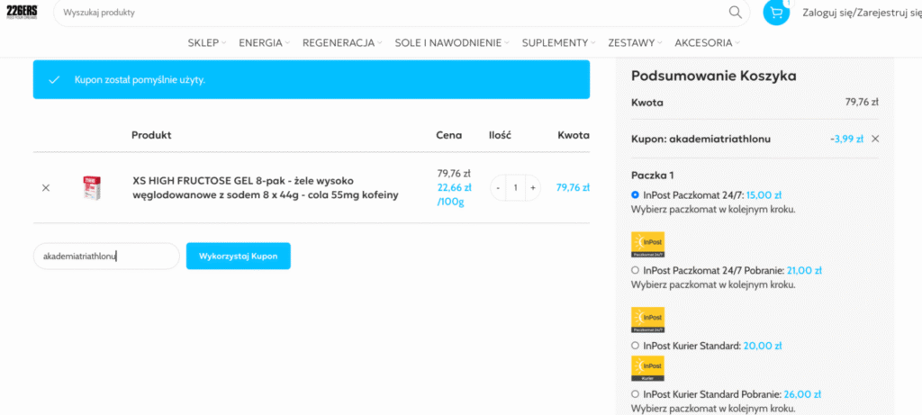 Zastosowany kod rabatowy „akademiatriathlonu” w sklepie 226ERS na żele XS High Fructose Gel 8-pak