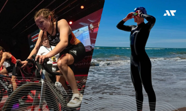 Martyna Gajda podczas treningu triathlonowego – jazda na rowerze i przygotowanie do pływania w otwartej wodzie