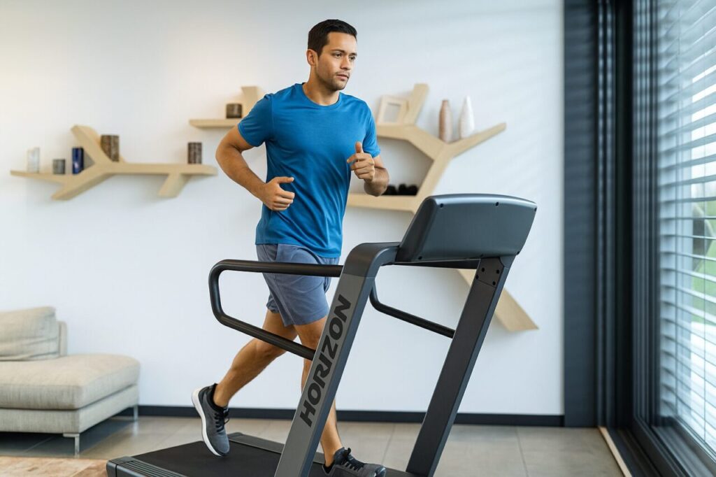 Triathlonista podczas treningu biegowego na domowej bieżni Horizon w salonie