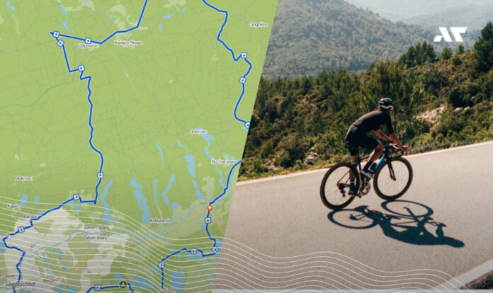 Trasa Mana Lake Adventure Gravel Race 2026 pokazana na mapie GPX oraz kolarz gravelowy jadący po górskiej drodze.