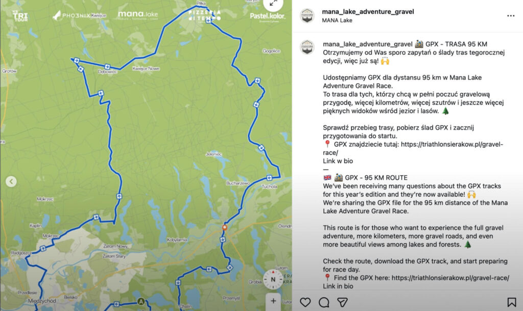 Mapa trasy 95 km zawodów Mana Lake Adventure Gravel Race 2026 w Puszczy Noteckiej i Krainie Stu Jezior – przebieg trasy udostępniony w pliku GPX.
