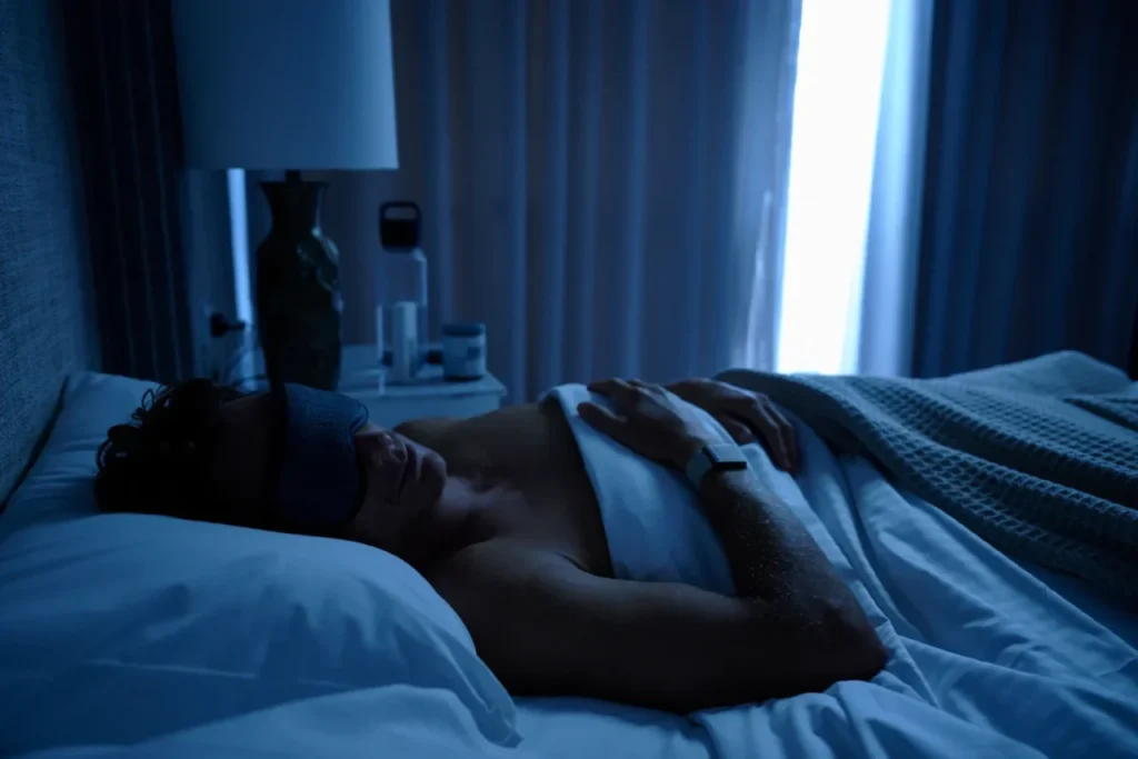Triathlonista śpiący w ciemnej sypialni – sen głęboki jako klucz do regeneracji po treningu