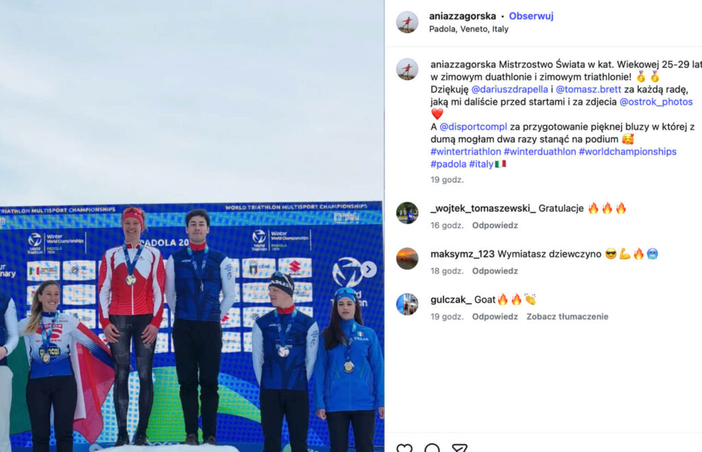 Podium zimowych mistrzostw świata w duathlonie i triathlonie w Padoli – zawodnicy z medalami po rywalizacji w Dolomitach.
